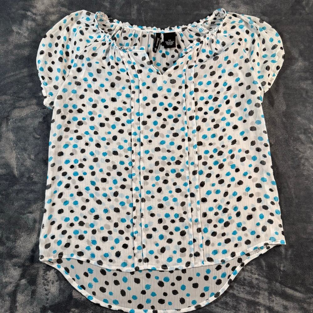 New Directions Petite White Blue Polka Dot Peasant Blouse PM